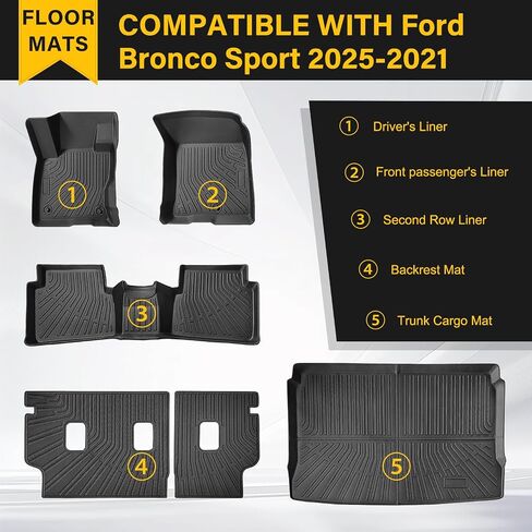 ZOKYUYS® Floor Mats for Ford Bronco Sport 2025 2024-2021, Custom Fit All-Weather Protective TPE Cargo Liner Backrest Mats Automotive Accessories Full Sets, Front, 2nd Row, Trunk Mat & Backrest Mat in Saudi Arabia