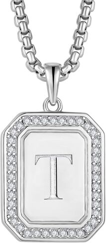Mens Womens 925 Sterling Silver A-Z Initial Necklace, Cubic Zirconia Dog Tag Pendant Necklace for Men, 24" Rolo Chain Initial Jewelry in Kuwait