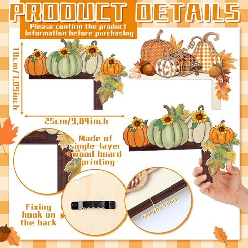 2 Pcs Fall Door Corner Decor Pumpkin Door Frame Autumn Decor Thanksgiving Topper Decorations Wooden Pumpkin Ornament for Window Home Office Corner Autumn Harvest Decoration Supplies in Saudi Arabia