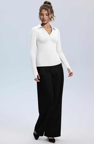 LOMON Womens Pullover Sweaters Y2K Going Out Tops Deep V Neck Polo Shirt Thumb Holes Ribbed Long Sleeve Tops for Women in Saudi Arabia