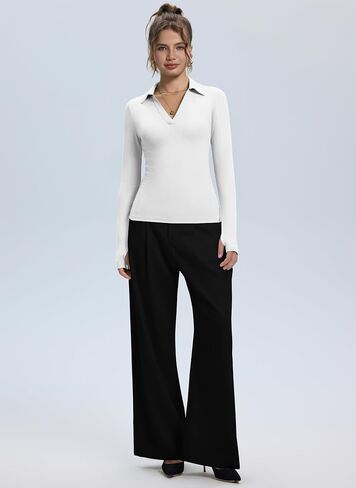 LOMON Womens Pullover Sweaters Y2K Going Out Tops Deep V Neck Polo Shirt Thumb Holes Ribbed Long Sleeve Tops for Women in Saudi Arabia