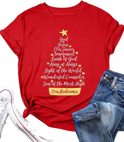 Christmas Shirt for Women Christian Christmas Shirts Religious Prints Tshirts Xmas Holiday Short Sleeve Tops in Saudi Arabia