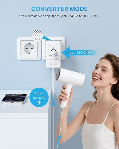 220V to 110V Voltage Converter US to Europe, VINTAR 2000W International Universal Travel Adapter for Hair Dryer with 2 USB A and 2 USB C, Step Down Power Converter Adapter Combo for US EU UK AUS in Kuwait