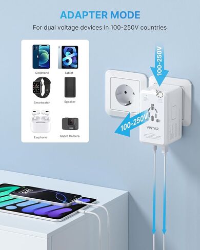 220V to 110V Voltage Converter US to Europe, VINTAR 2000W International Universal Travel Adapter for Hair Dryer with 2 USB A and 2 USB C, Step Down Power Converter Adapter Combo for US EU UK AUS in Kuwait