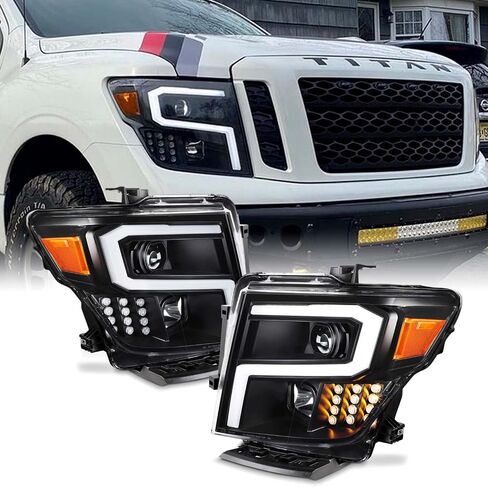 AKKON - Fits 2016-2024 Nissan Titan Projector Headlights w/Tube LED Signal- Black Smoke Pair Housing in Saudi Arabia