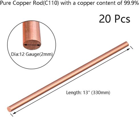 Pure Copper Round Rod 1/4" Dia(6.35mm),13" Length 99.9% Solid Copper Rod,Used for Metal Working and Metal DIY Process(1/4x13inch,2 Pcs) in Kuwait