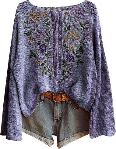 Boho Fashion Women Sweaters Oversize Vintage Wrinkle Free Fall Tops for Women Long Sleeve Cottage Core Top Floral in Saudi Arabia
