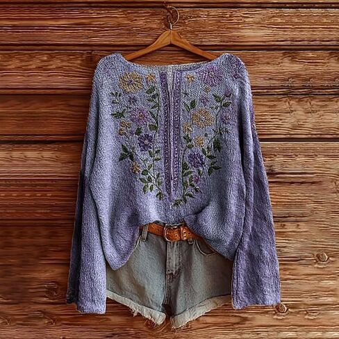 Boho Fashion Women Sweaters Oversize Vintage Wrinkle Free Fall Tops for Women Long Sleeve Cottage Core Top Floral in Saudi Arabia