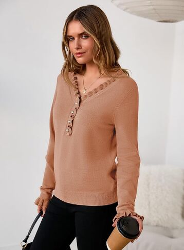 Pink Queen Women's V Neck Sweater Button Down Ruffle Trim Knitted Pullover Jumper Tops in Saudi Arabia