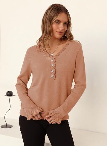 Pink Queen Women's V Neck Sweater Button Down Ruffle Trim Knitted Pullover Jumper Tops in Saudi Arabia