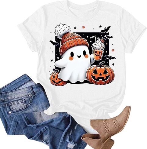 Halloween Shirts for Women Cute Ghost Shirt Fall Pumpkin Tshirt Coffee Lover Graphic Tees Casual Short Sleeve Tops in Saudi Arabia