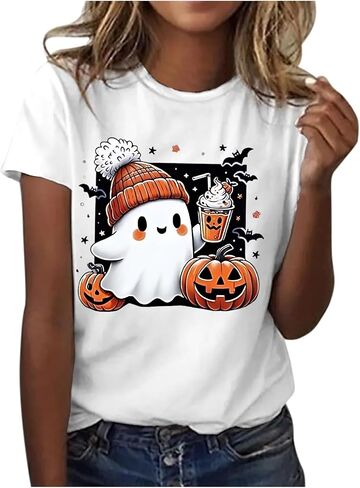Halloween Shirts for Women Cute Ghost Shirt Fall Pumpkin Tshirt Coffee Lover Graphic Tees Casual Short Sleeve Tops in Saudi Arabia