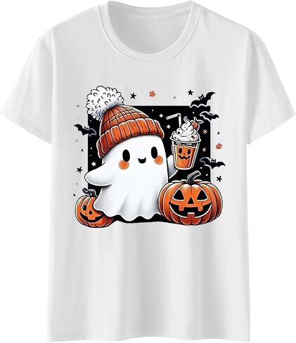 Halloween Shirts for Women Cute Ghost Shirt Fall Pumpkin Tshirt Coffee Lover Graphic Tees Casual Short Sleeve Tops in Saudi Arabia