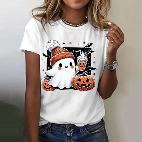 Halloween Shirts for Women Cute Ghost Shirt Fall Pumpkin Tshirt Coffee Lover Graphic Tees Casual Short Sleeve Tops in Saudi Arabia