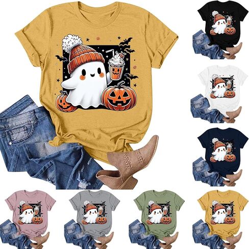 Halloween Shirts for Women Cute Ghost Shirt Fall Pumpkin Tshirt Coffee Lover Graphic Tees Casual Short Sleeve Tops in Saudi Arabia