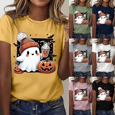 Halloween Shirts for Women Cute Ghost Shirt Fall Pumpkin Tshirt Coffee Lover Graphic Tees Casual Short Sleeve Tops in Saudi Arabia