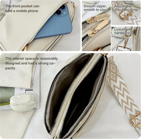 Triple Zip Crossbody Bags for Women Vegan Leather Purses Small Shoulder Handbags with Wide Strap in Saudi Arabia
