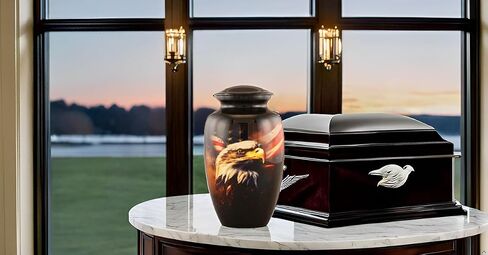 Patriotic Eagle Urn for Human Ashes | American Flag Cremation Urn for Adults, Veteran, Handmade Funeral Urns with Velvet Bag 200cubic Inch. (Brown, Adult) in Saudi Arabia
