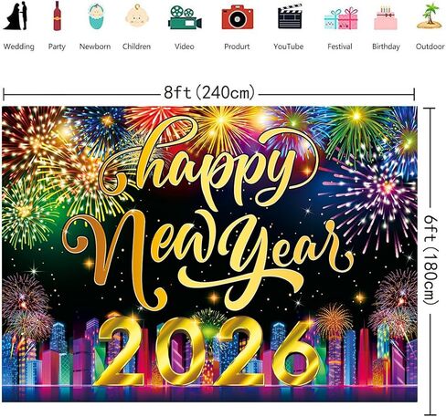 2025 سنة جديدة سعيدة خلفية 7x5FT مدينة النيون الألعاب النارية عشية حفلة خلفية عيد الميلاد عطلة السنة الجديدة لوازم الديكور حفلة صور الدعائم in Kuwait