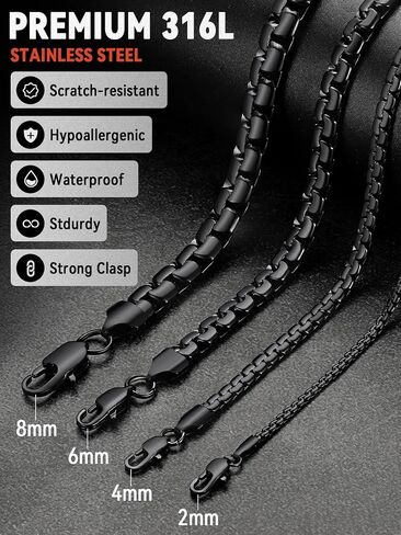 FaithHeart Mens Black/Silver/Gold Stainless Steel Flat Box Link Chain Necklace, Stylish 2/4/6/8mm Width Box Chains Necklaces for Men Non Tarnish Hip Hop Chain Jewelry Gifts,14"-30" Length in Saudi Arabia