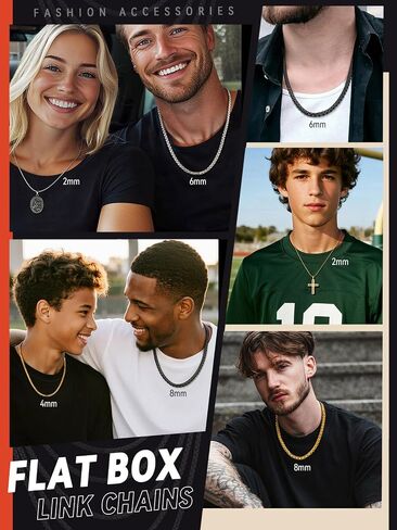 FaithHeart Mens Black/Silver/Gold Stainless Steel Flat Box Link Chain Necklace, Stylish 2/4/6/8mm Width Box Chains Necklaces for Men Non Tarnish Hip Hop Chain Jewelry Gifts,14"-30" Length in Saudi Arabia
