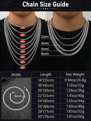 FaithHeart Mens Black/Silver/Gold Stainless Steel Flat Box Link Chain Necklace, Stylish 2/4/6/8mm Width Box Chains Necklaces for Men Non Tarnish Hip Hop Chain Jewelry Gifts,14"-30" Length in Saudi Arabia