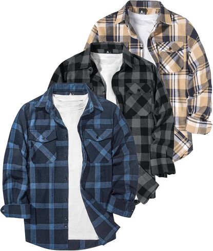 ZITY1/3 Pack Men Plaid Flannel Shirts Long Sleeve Casual Button Down Collar Jackets for Men with Pockets in Saudi Arabia