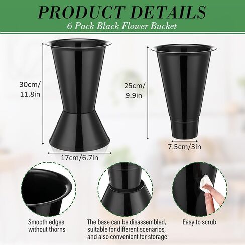 6 Pack Plastic Flower Bucket 11.8 Inch Tall Vase Bucket Cone Vase with Base for Cut Flower Multipurpose Buckets for Flower Bouquet Holder Centerpieces Decorations for Home Wedding (Black) in Saudi Arabia