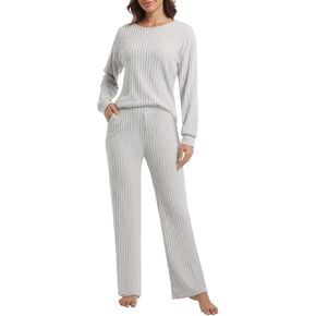 طقم بيجامة صالة مكون من قطعتين للنساء طقم كاجوال مضلع بأكمام طويلة طقم متناسق Pj ملابس نوم خريفية مع جيوب in Kuwait