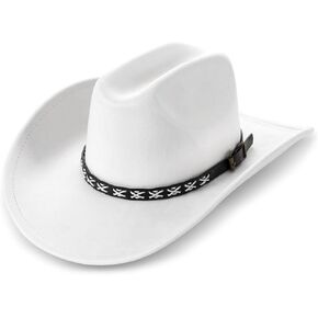 Western Cowboy Hat for Men & Women with Buckle Belt, Classic Outdoor Wide Brim Retro Felt Fedora Cowgirl Hat White (Size:S-M) in Saudi Arabia