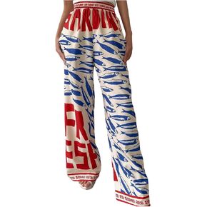 MakeMeChic Women's Boho Fish Print Wide Leg Pants Elastic Waist Loose Fit Trousers with Pockets in Kuwait