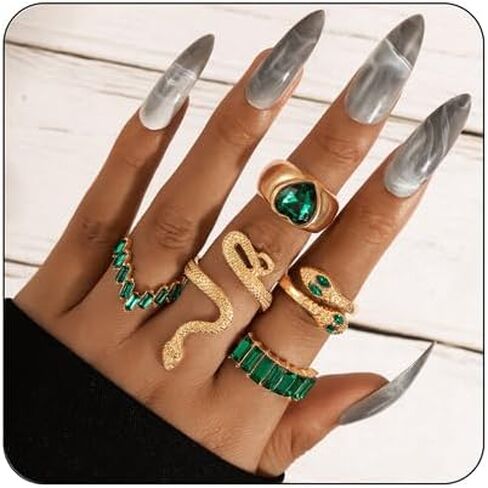 GYRMMUE Green Gemstone Ring Set for Women Crystal Emerald Set Heart Snake Rings Bohemian Ring Gothic Punk Snake Ring Gold Knuckle Finger Rings Reptile Serpent Band Jewelry in Saudi Arabia