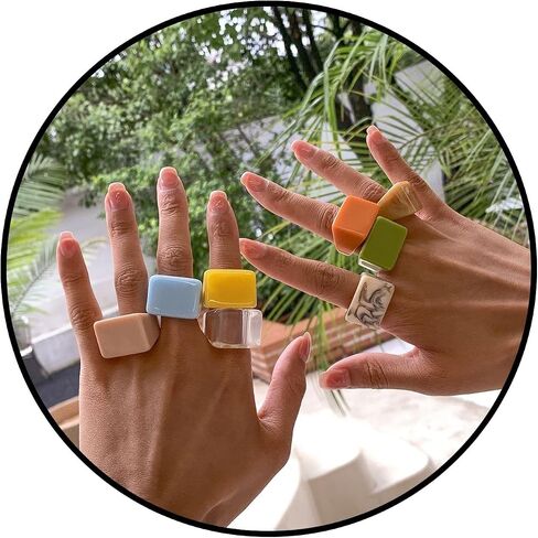 Resin Ring Set Multicolor Acrylic Plastic Knuckle Rings for Women Cute Trendy Chunky Geometric Colorful Stackable Square Jewelry Pack Statement Dome Thick Y2K Birthday Gift in Saudi Arabia