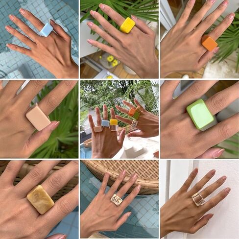 Resin Ring Set Multicolor Acrylic Plastic Knuckle Rings for Women Cute Trendy Chunky Geometric Colorful Stackable Square Jewelry Pack Statement Dome Thick Y2K Birthday Gift in Saudi Arabia