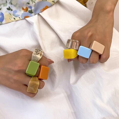 Resin Ring Set Multicolor Acrylic Plastic Knuckle Rings for Women Cute Trendy Chunky Geometric Colorful Stackable Square Jewelry Pack Statement Dome Thick Y2K Birthday Gift in Saudi Arabia