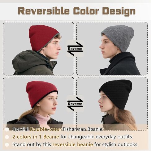ZOORON Reversible Skull Caps for Men Women Reversible Beanie with -Double Side Warm Winter Fisherman Beanie in Saudi Arabia