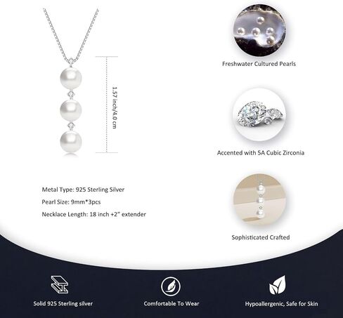 Black/White/Gold/Grey Pearl Necklace for Women, Sterling Silver Pendant Necklace, Handpicked Genuine Saltwater Cultured Pearls, Womens Chain 18+2 Inch Adjustable, Jewelry Gifts for Mother Wife in Saudi Arabia