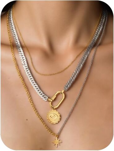 Layered Necklaces for Women,Two Tones Necklace Stainless Steel Compass Coin Pendant Paperclip Cuban Chain Chunky Choker Trendy Statement Jewelry Gift in Saudi Arabia
