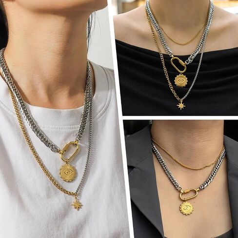 Layered Necklaces for Women,Two Tones Necklace Stainless Steel Compass Coin Pendant Paperclip Cuban Chain Chunky Choker Trendy Statement Jewelry Gift in Saudi Arabia