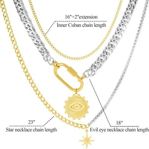 Layered Necklaces for Women,Two Tones Necklace Stainless Steel Compass Coin Pendant Paperclip Cuban Chain Chunky Choker Trendy Statement Jewelry Gift in Saudi Arabia