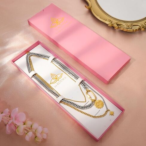 Layered Necklaces for Women,Two Tones Necklace Stainless Steel Compass Coin Pendant Paperclip Cuban Chain Chunky Choker Trendy Statement Jewelry Gift in Saudi Arabia