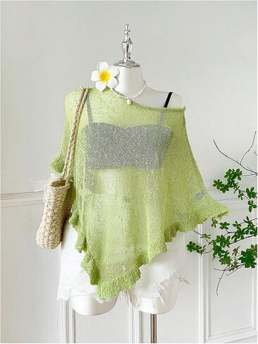 Women's Plus Size Sheer Mesh Ruffle Sweaters Off The Shoulder Tops See Through Half Sleeve Crochet Poncho in Saudi Arabia