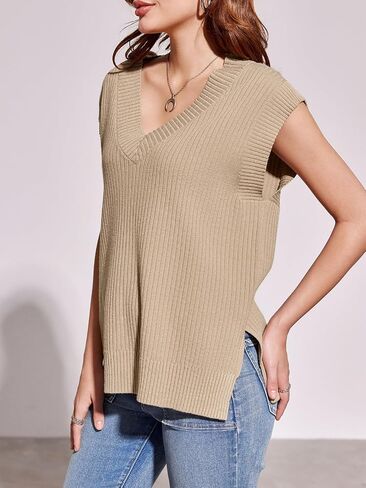 Womens V Neck Sweater Vest Oversized Ribbed Knit Sleeveless Casual Loose Fit Pullover Tank Top in Saudi Arabia