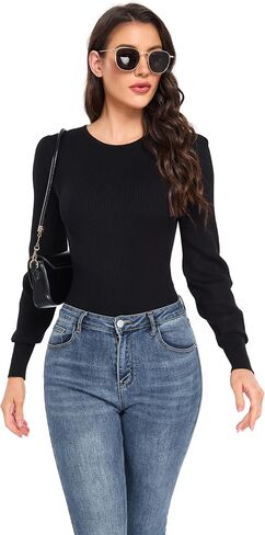 Women's 2025 Long Puff Sleeve Sweaters Fall Winter Crewneck Knit Ribbed Bodysuit Pullover Tops in Saudi Arabia