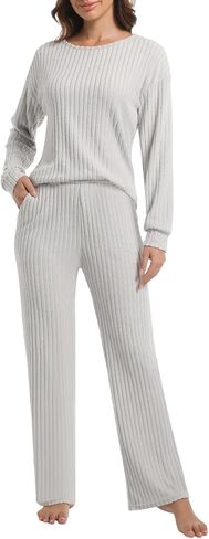 طقم بيجامة صالة مكون من قطعتين للنساء طقم كاجوال مضلع بأكمام طويلة طقم متناسق Pj ملابس نوم خريفية مع جيوب in Kuwait