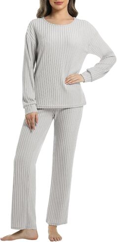 طقم بيجامة صالة مكون من قطعتين للنساء طقم كاجوال مضلع بأكمام طويلة طقم متناسق Pj ملابس نوم خريفية مع جيوب in Kuwait