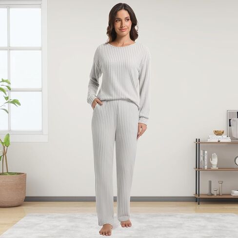 طقم بيجامة صالة مكون من قطعتين للنساء طقم كاجوال مضلع بأكمام طويلة طقم متناسق Pj ملابس نوم خريفية مع جيوب in Kuwait