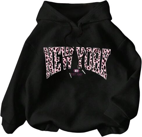 WDIRARA Women's Leopard Letter Graphic Hoodies Long Sleeve Pullover Hooded Sweatshirts in Saudi Arabia