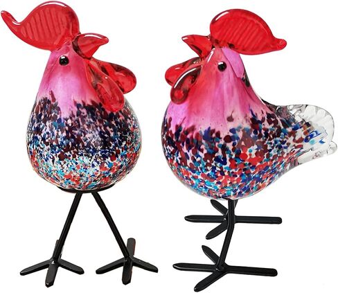 Glass Animals, Rooster Kitchen Decor, 2 Pcs Unique Gift Idea Hand-Blown Art Glass Figurines, Red in Kuwait