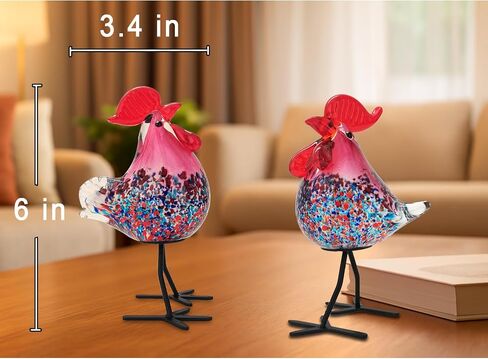 Glass Animals, Rooster Kitchen Decor, 2 Pcs Unique Gift Idea Hand-Blown Art Glass Figurines, Red in Kuwait